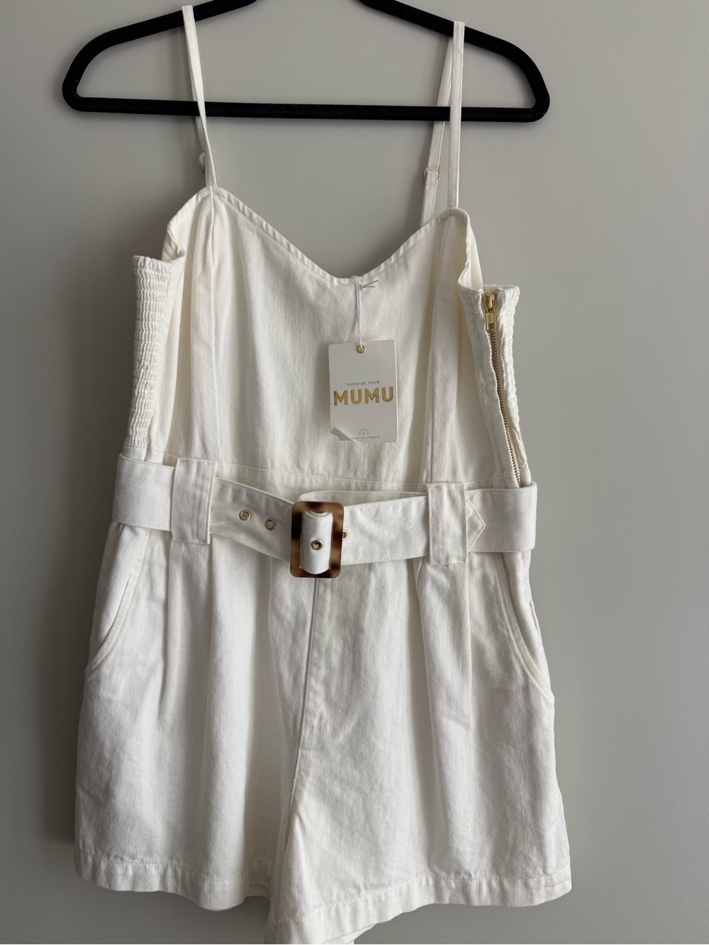 Show Me Your MuMu White Belted Cotton Romper with Tortoiseshell Buckle